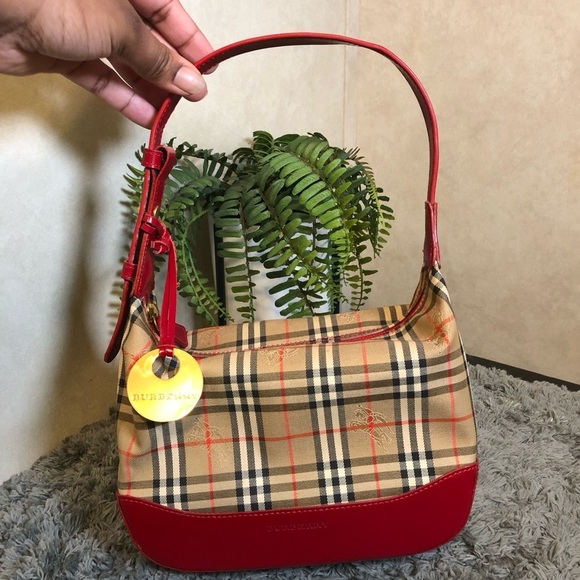 Burberry Handbags - BURBERRY Vintage Red Leather Trim Haymarket Shoulder Bag Adjustable Strap